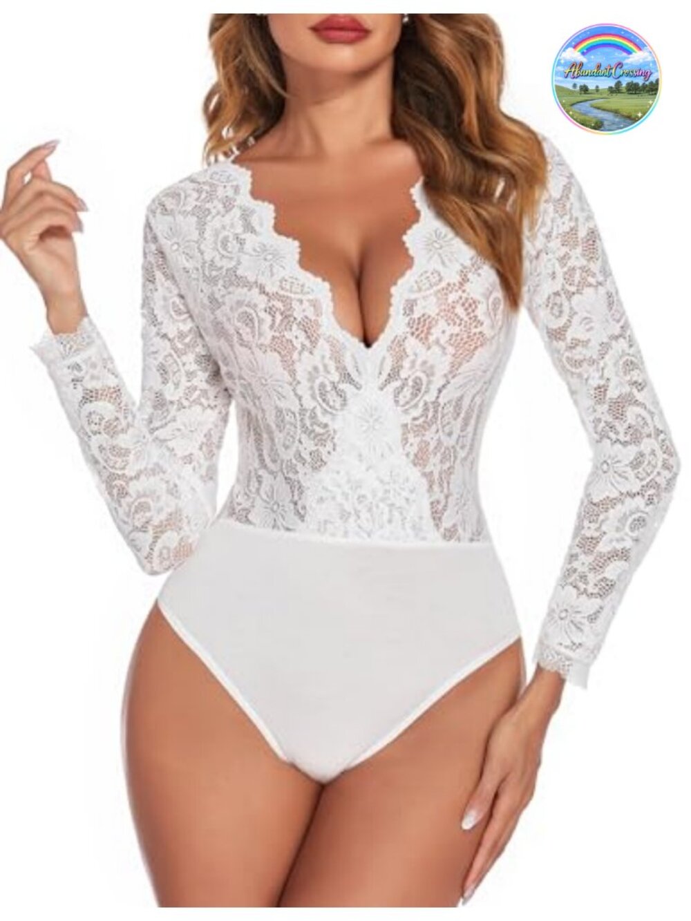 Lace Bodysuit Long Sleeve Deep V Neck Bodycon Snap Crotch